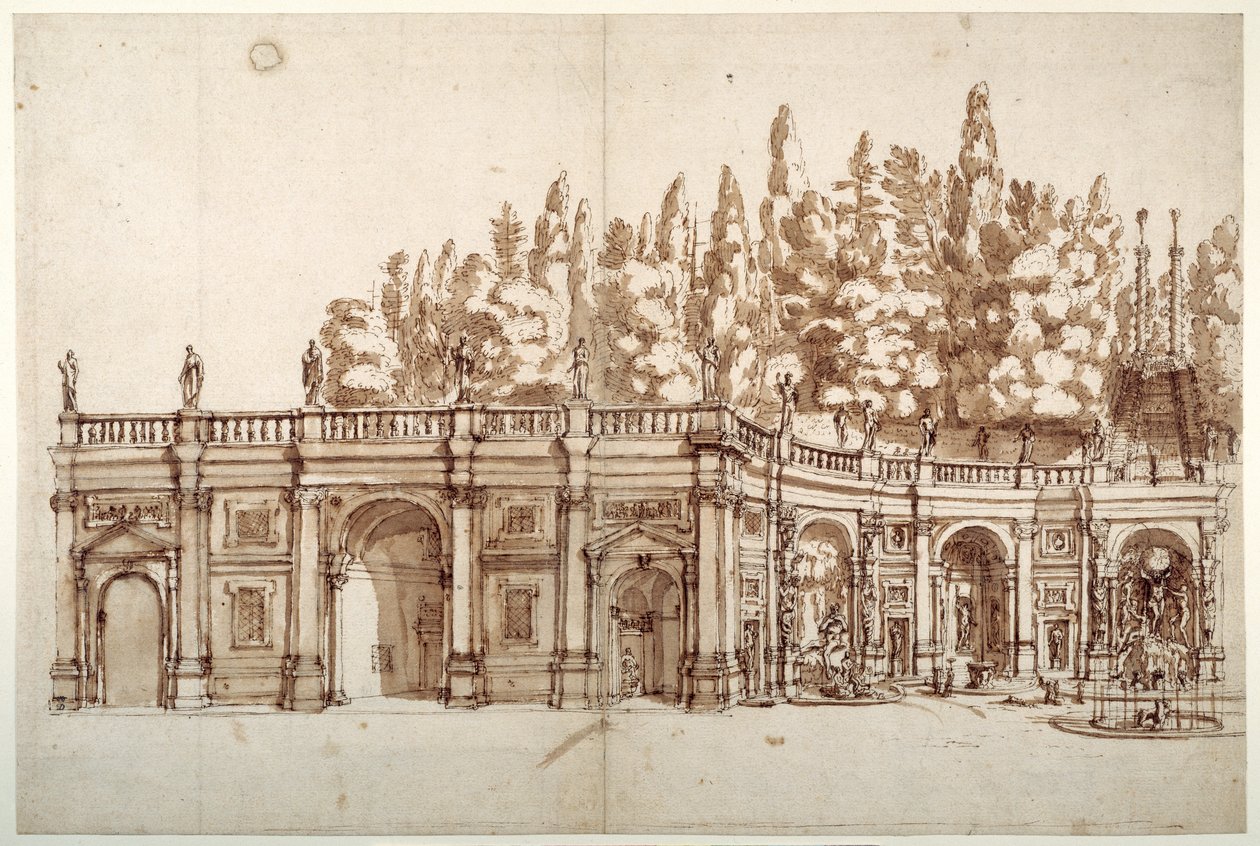 Villa Aldobrandini på Frascati (pen og brunt blæk på papir) af English School
