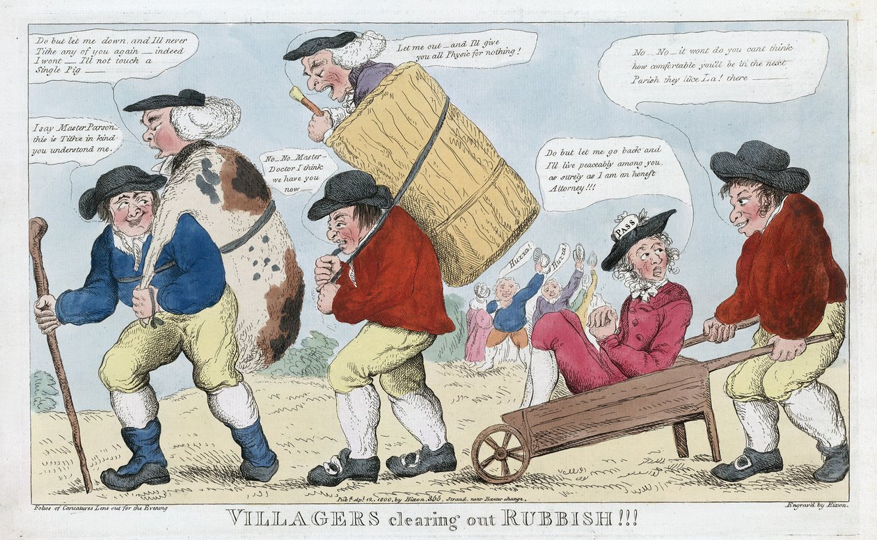 Landsbyboere rydder affald!!!, pub. 1800 (håndfarvet gravering) af English School