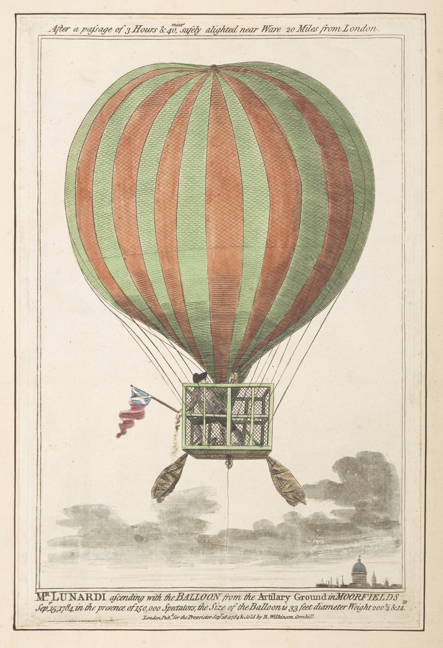 Vincent Lunardi i luften efter sin opstigning fra Moorfields, september 1784 (farvet indgravering) af English School