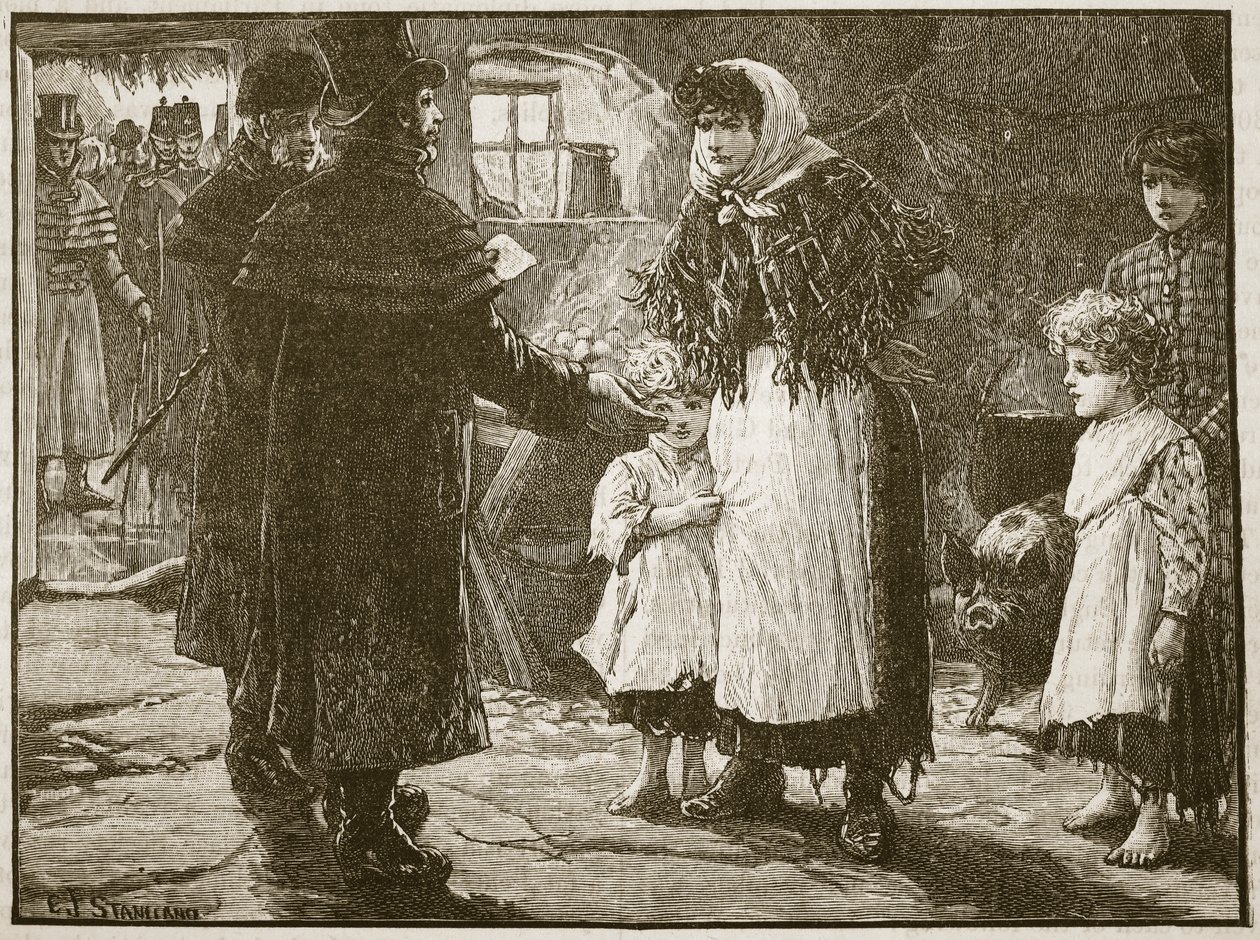 Besøg af Tithe Proctor, Irland, 1832, illustration fra Cassells Illustrated History of England (sepia foto) af English School