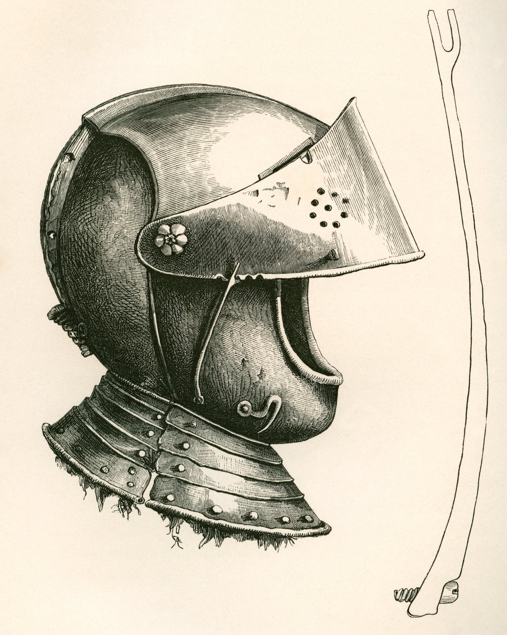 Visiret hjelm fra ca. 1643. Stykket på siden er visirstøtten i fuld størrelse, der bruges til at holde visiret i forskellige vinkler i henhold til det anvendte hak, fra The British Army: Its Origins, Progress and Equipment, udgivet 1868. af English School