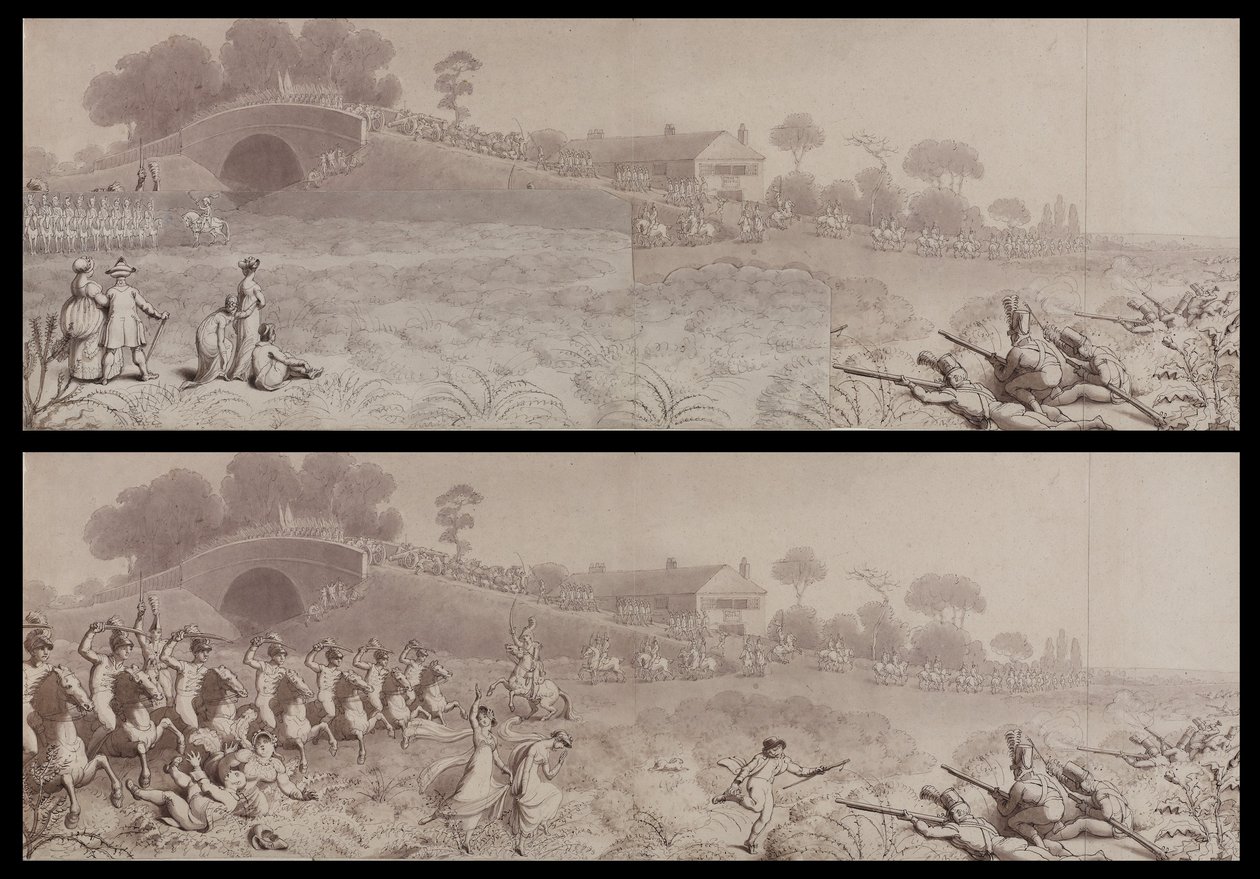 Frivillig anmeldelse på Wormwood Scrubs, der viser Mitre Tavern og Mitre Bridge, Hammersmith, ca. 1800 (vask på papir) af English School