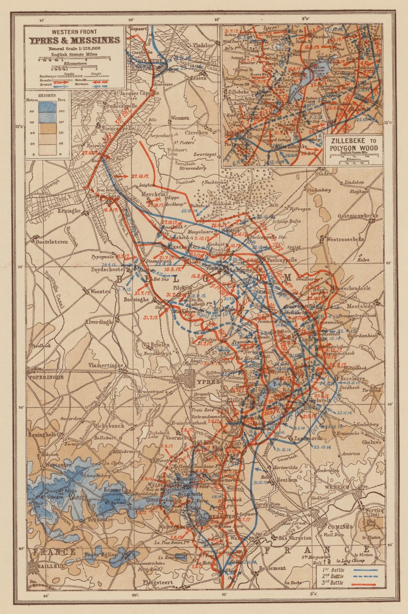 1. verdenskrig: Vestfronten, Ypres og Messines (farvelitografi) af English School