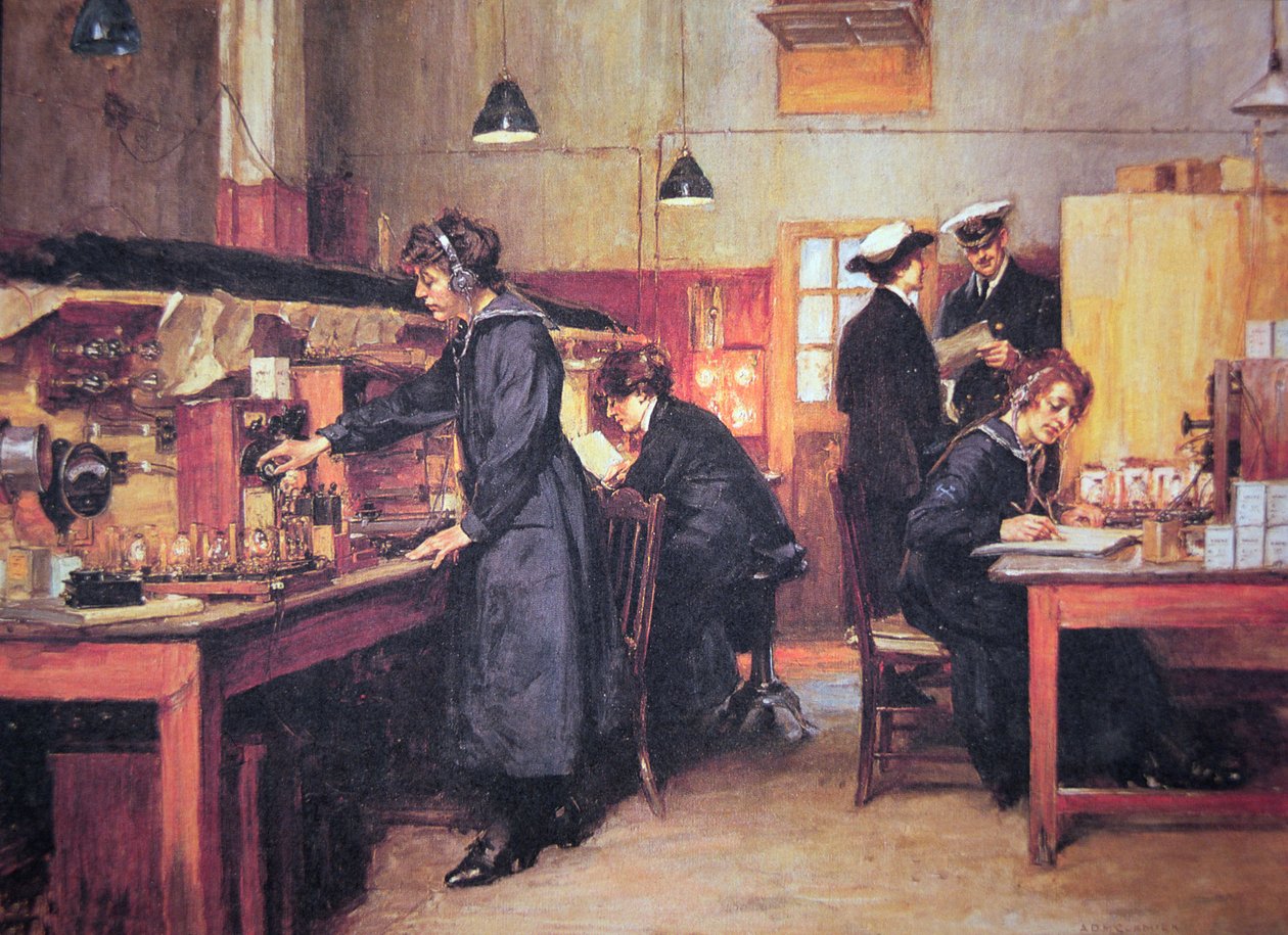 WWI kvindelige radio- og telefonoperatører af Royal Navy (farve litho) af English School