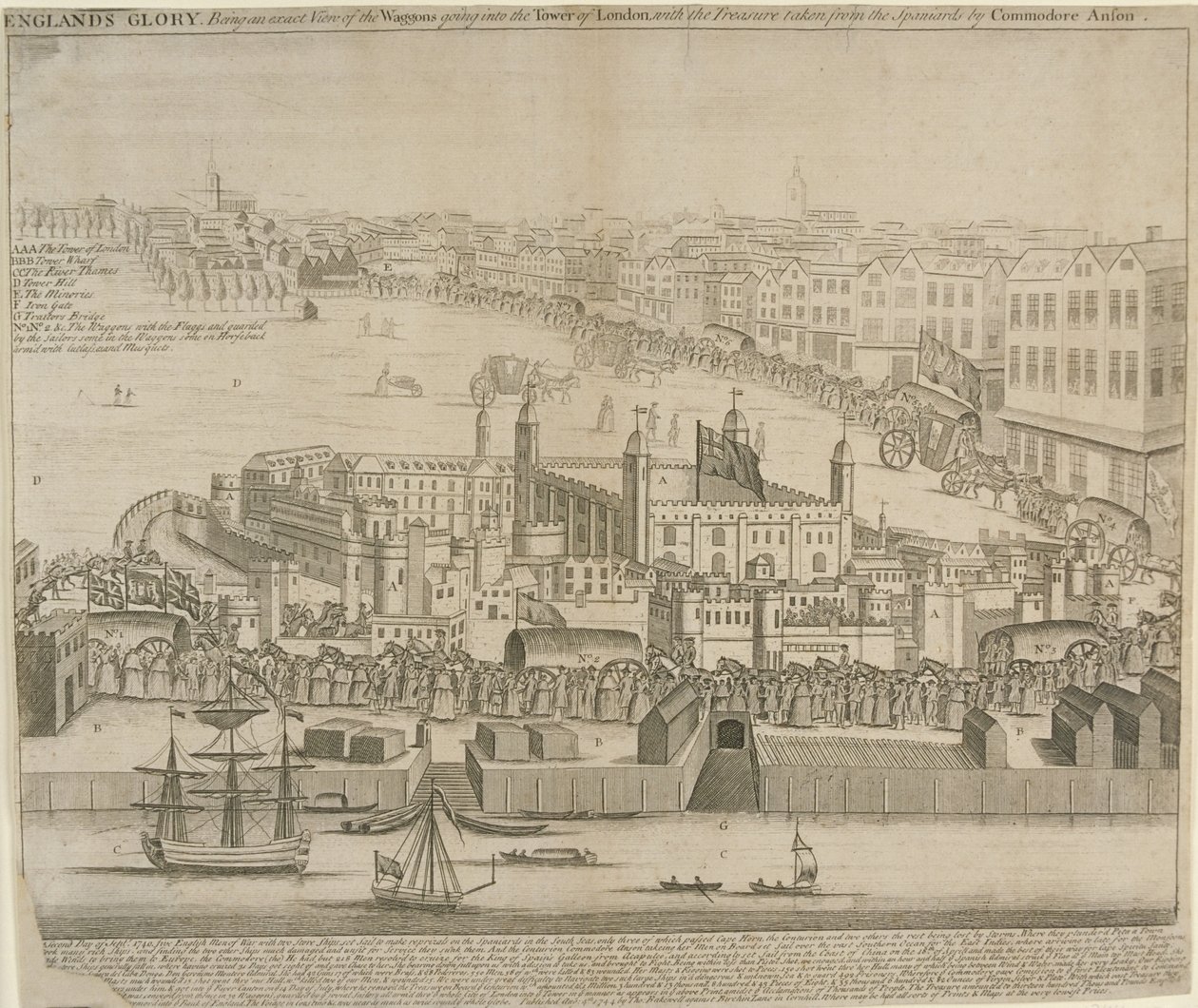 Vogne med skatte bliver ført ind i Tower of London, 1744 af English School
