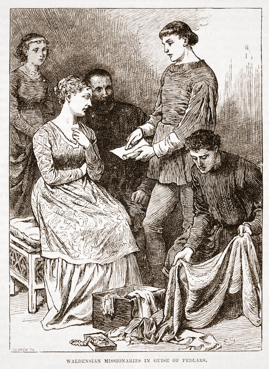 Waldensiske missionærer i skikkelse af Pedlars, illustration fra The History of Protestantism af James Aitken Wylie (1808-1890), pub. 1878 af English School