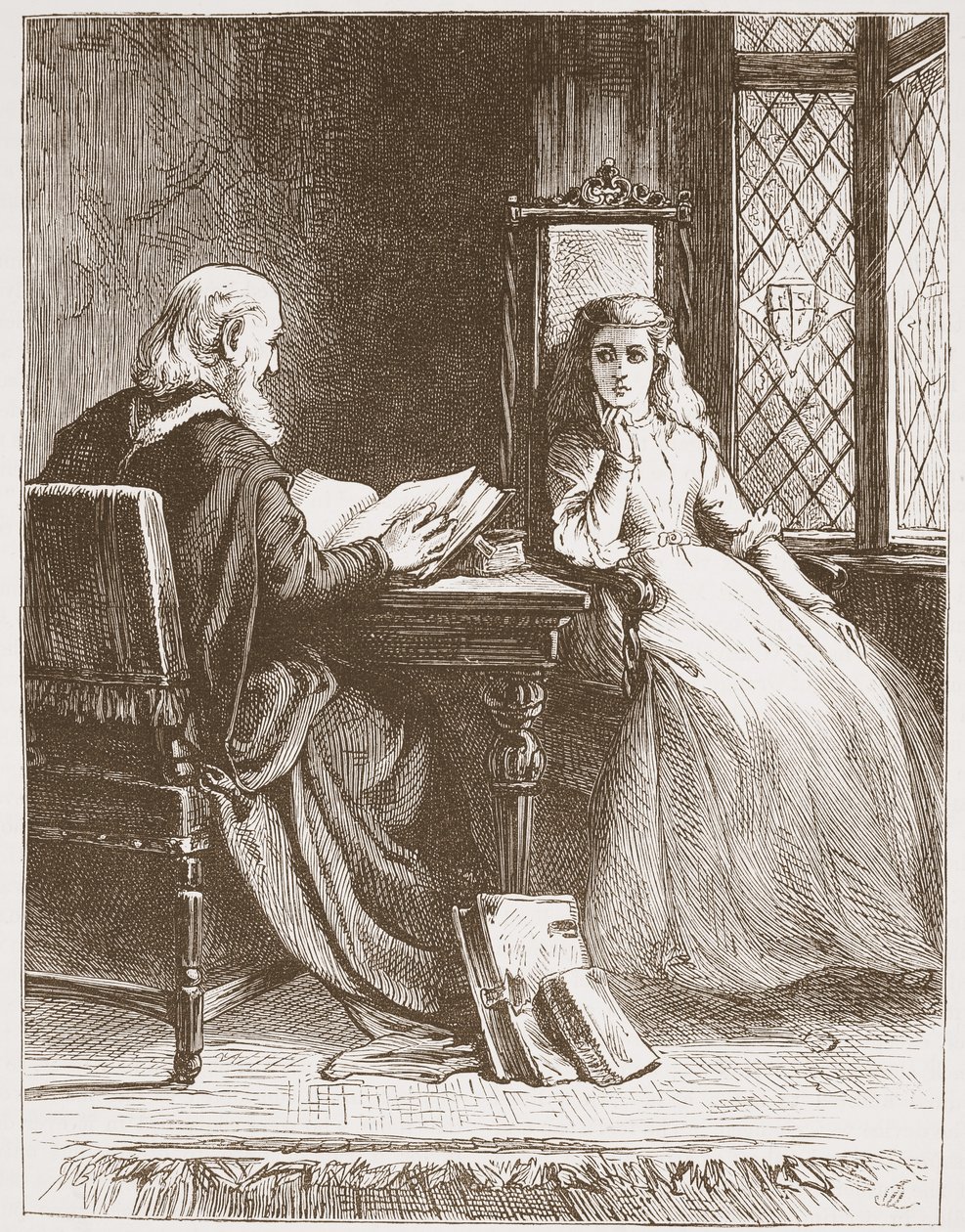 Walter Capel læser skrifterne for sin datter, illustration fra The History of Protestantism af James Aitken Wylie (1808-1890), pub. 1878 af English School