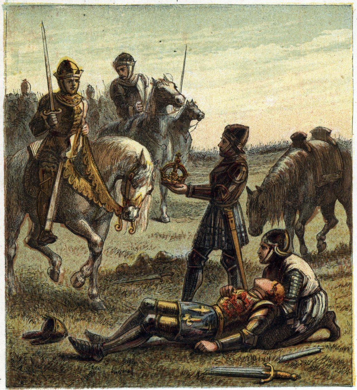 War of the Two Roses: død af kong Richard III (1452-1485) under slaget ved Bosworth Field, som mellem 22/08/1485 Richard III og Henri, hertug af Richmond. Sidstnævnte modtog kronen af dechu-kongen og blev Henry VII kendt som Henry Tudor af English School