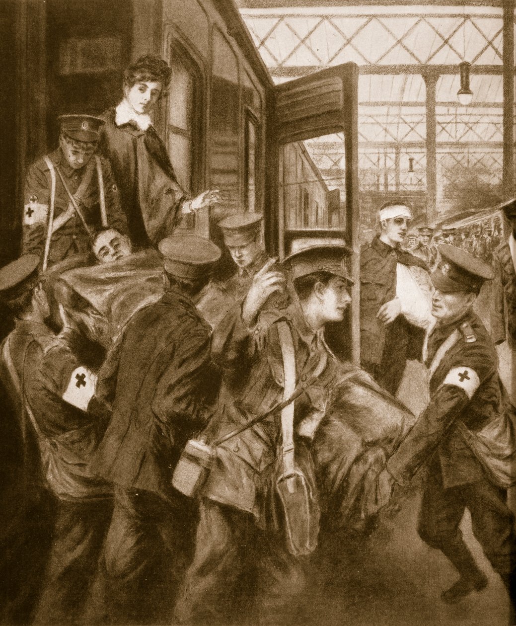 Krigssårede ankommer til en Londons togterminal, 1914-19 af English School