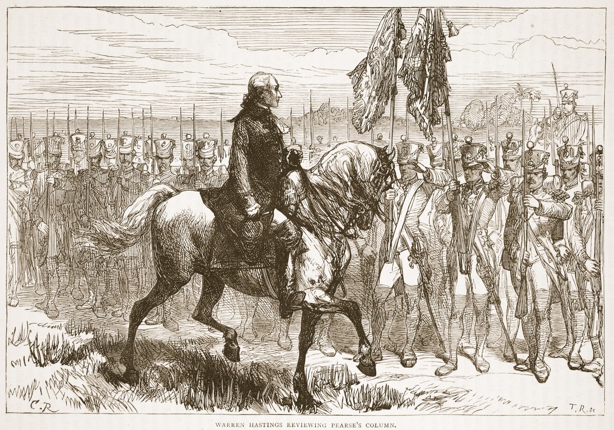 Warren Hastings gennemgår Pearses kolonne, illustration fra Cassells Illustrated History of India af James Grant, pub. 1879 af English School