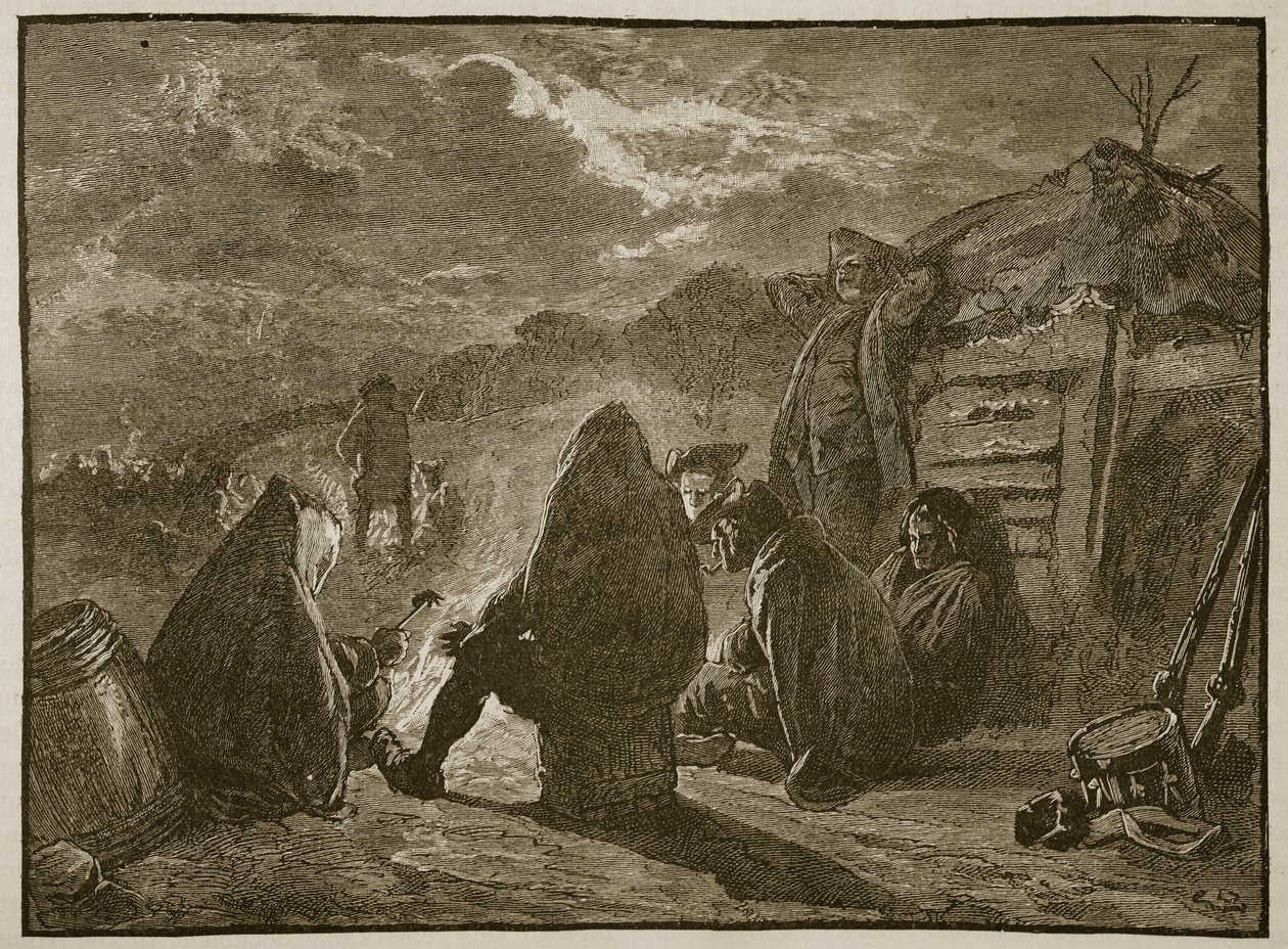 Washington ved lejrbålet ved Valley Forge, illustration fra Cassells Illustrated History of England (sepiafoto) af English School