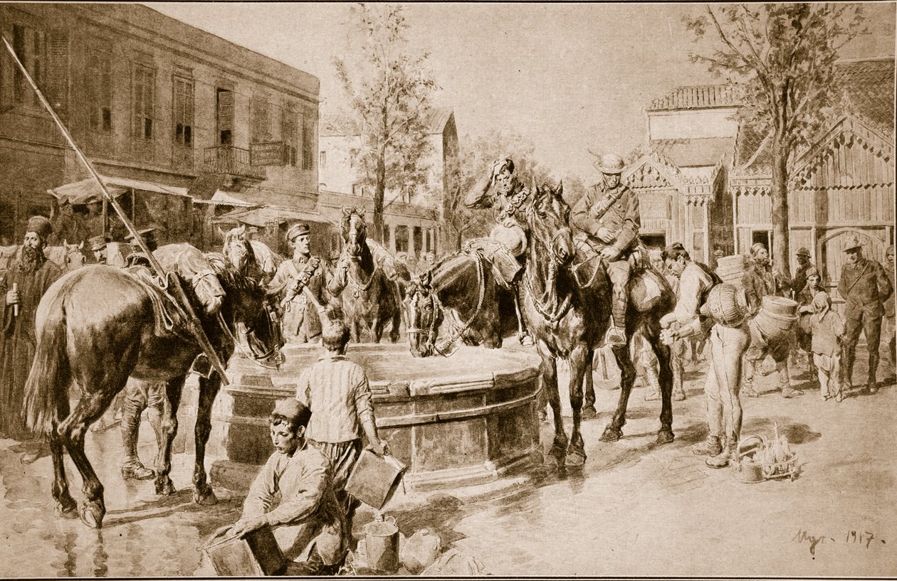 Vand til mennesker og udyr: en typisk scene i Salonika, 1914-19 af English School