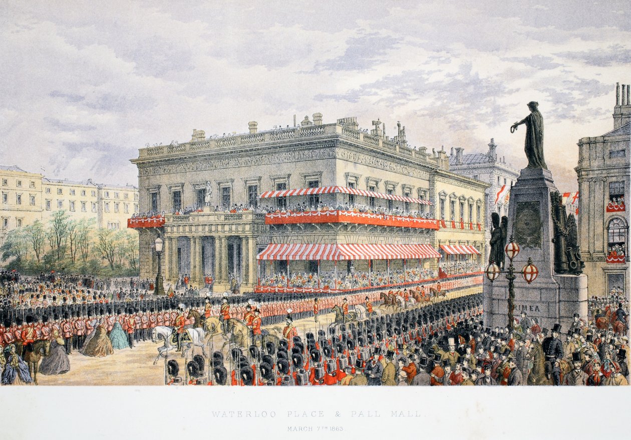 Waterloo Place og Pall Mall, fra A Memorial of the Marriage of Edward VII and Alexandra of Denmark, pub. 1864 af English School
