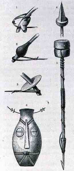 Våben, amulet og harpun fra Manyema, fra The History of the Mankind, bind III, af prof. Friedrich Ratzel, 1898 af English School