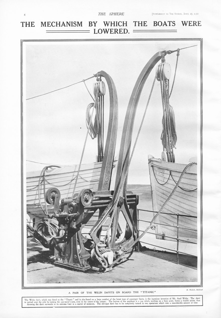 Welin davits, den mekanisme, hvorved bådene blev sænket, fra The Sphere, 27. april 1912 af English School