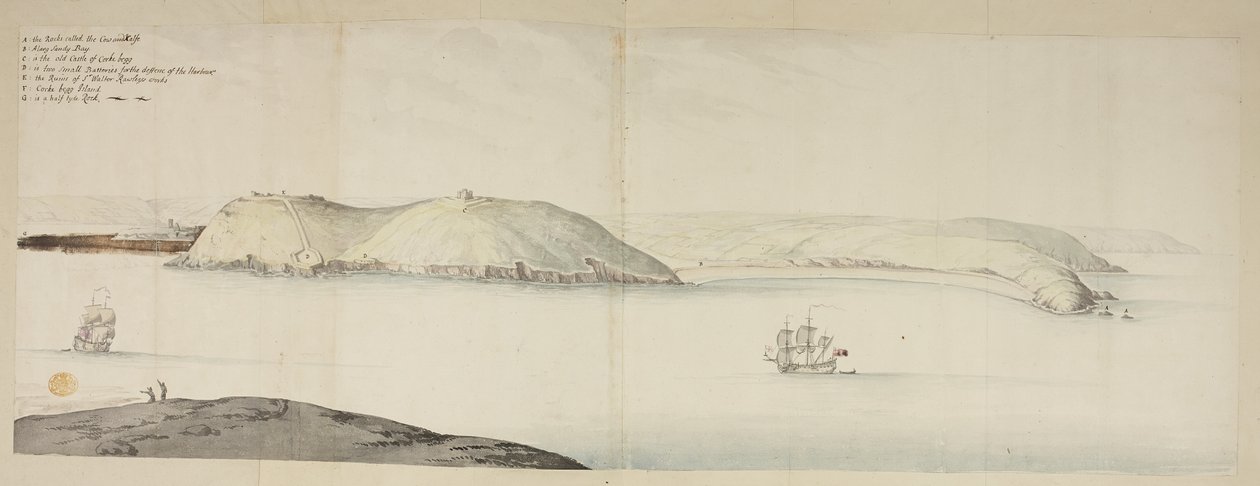 Vestindgangen til Cork Harbour, fra Kidds, eller ko og kalv, til Cross Beg Island; West Entrance of Cork Harbour, der viser Halbowlin Island, Spike Island og Cross Haven, ca. 1684 (pen & blæk & akvarel på papir) af English School