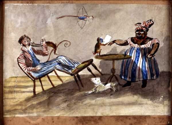 Vestindisk indenrigsscene, ca. 1835 (akvarel og blæk på papir) af English School