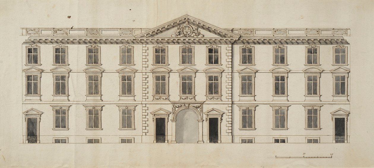 Vestfronten af den foreslåede nye bygning til Garden Quadrangle ved New College, ca. 1680 (blæk & grå vask på papir) af English School
