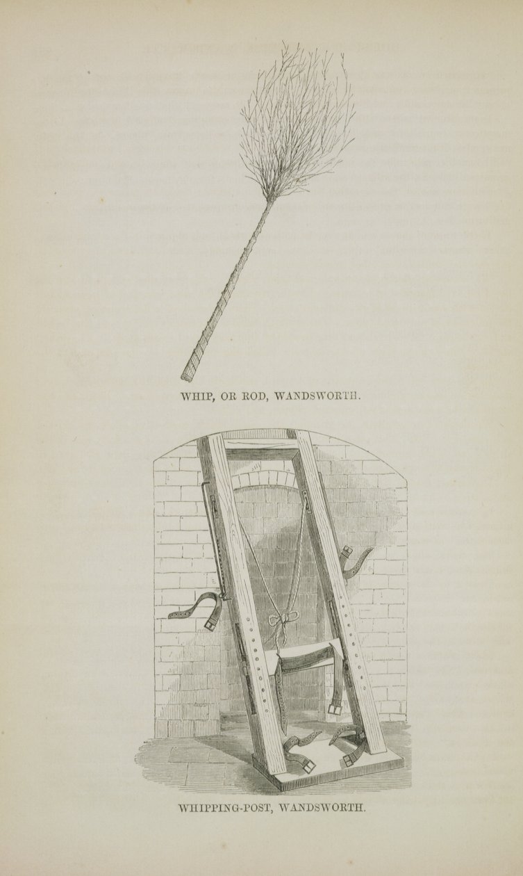 Pisk eller stang og piske-post i Wandsworth, fra The Criminal Prisons of London og Scenes of Prison Life af Henry Mayhew (1812-87) og John Binny, 1862 af English School