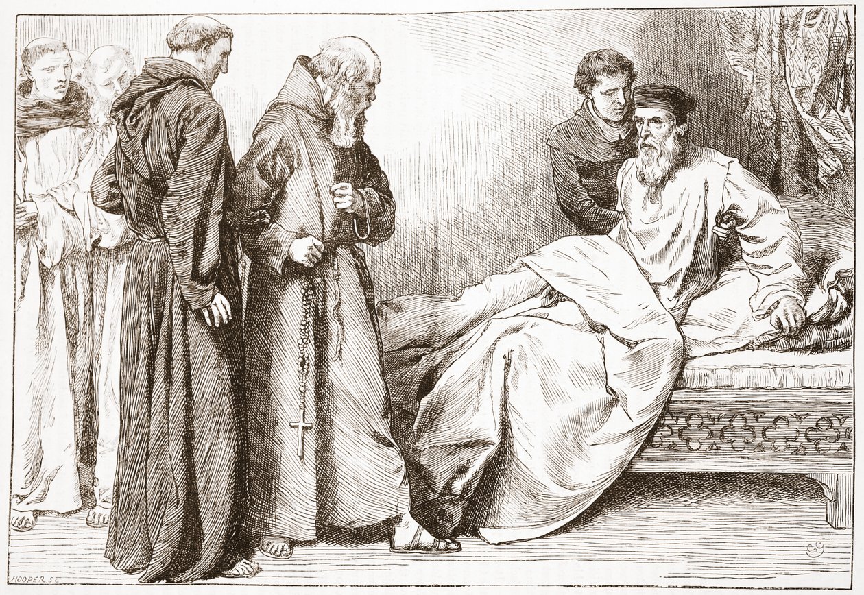 Wycliffe og munkene: scene i sengekammeret, illustration fra The History of Protestantism af James Aitken Wylie (1808-1890), pub. 1878 af English School