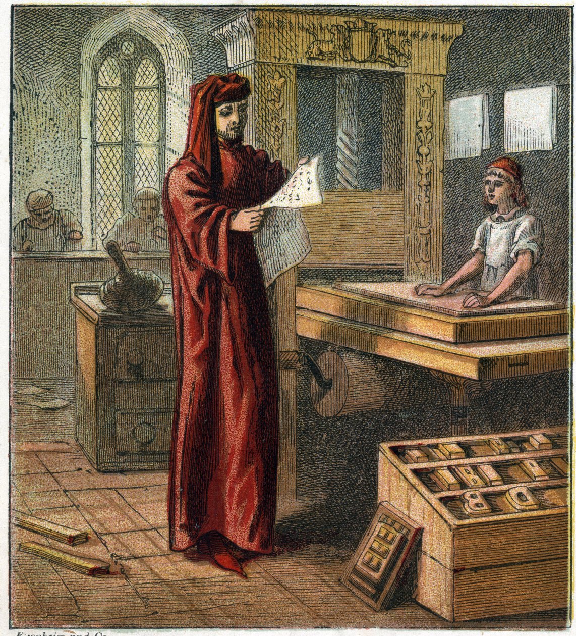 William Caxton (1422-1491), første engelske trykker, i sit værksted med en trykkeri. William Caxton, den første engelske printer. af English School