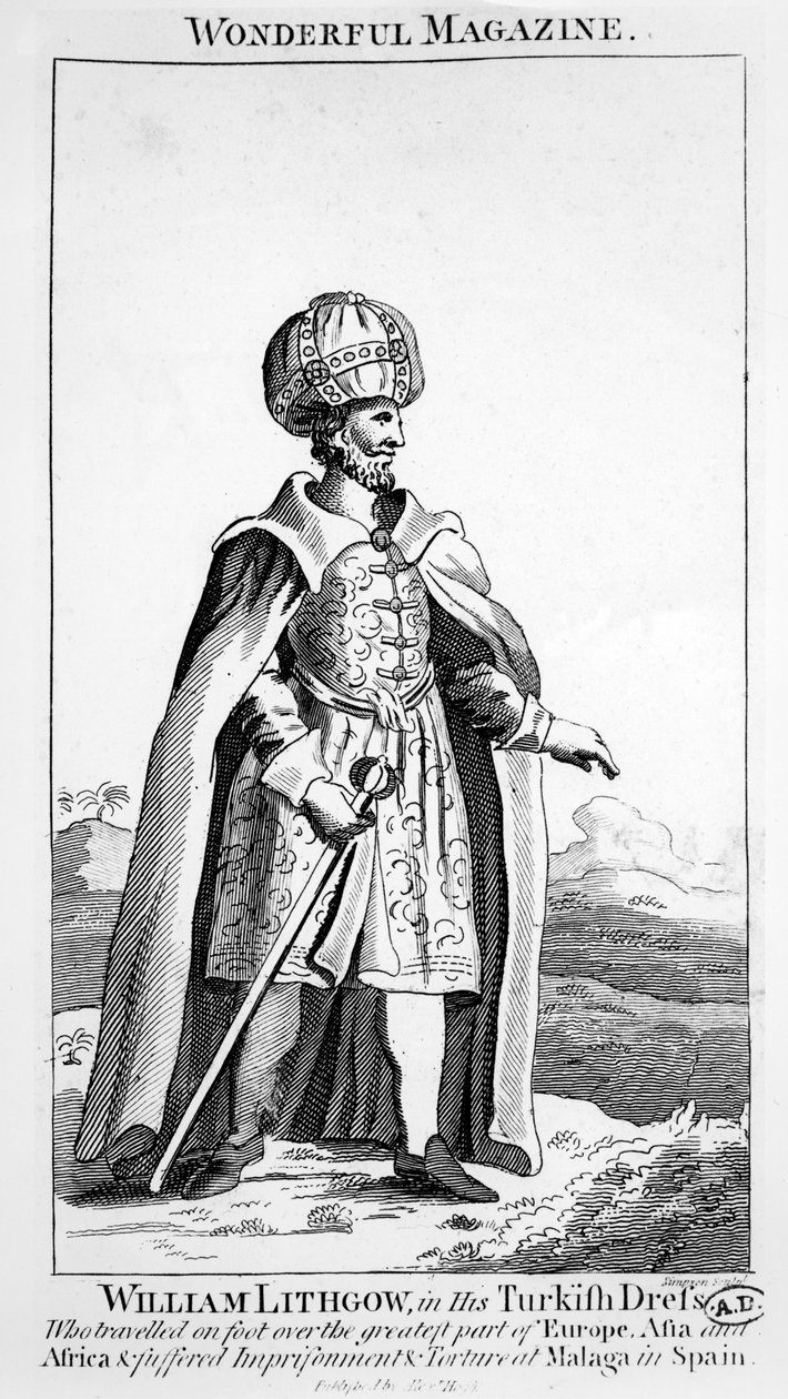 William Lithgow i sin tyrkiske kjole, illustration fra Wonderful Magazine, ca. 1750-90 af English School