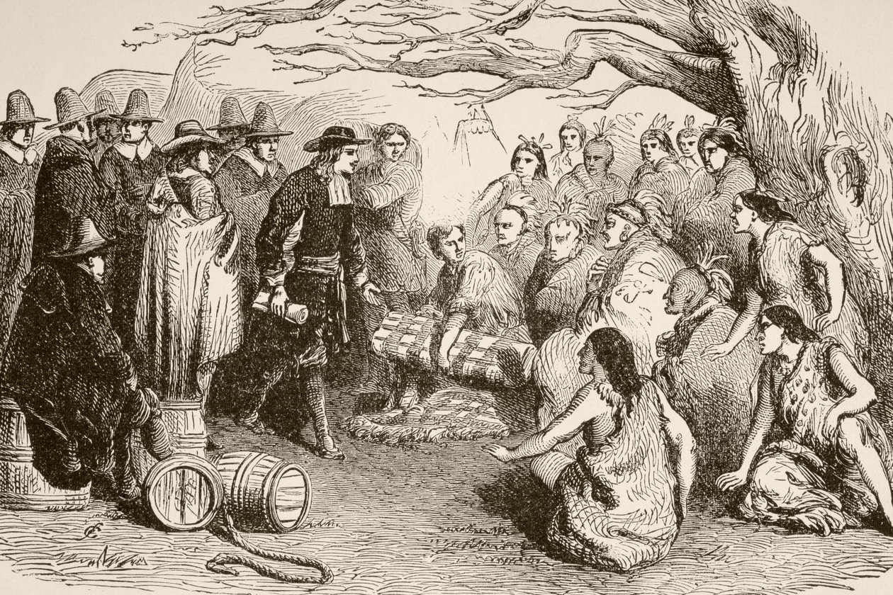 William Penn indgår en traktat med Delaware- eller Lenape-indianerne i 1682 (litho) af English School