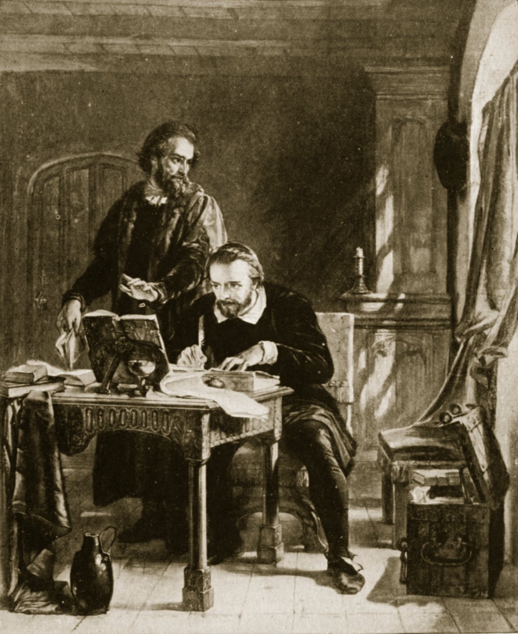 William Tyndale oversætter Det Nye Testamente, illustration fra Hutchinsons Story of the British Nation, ca. 1923 af English School