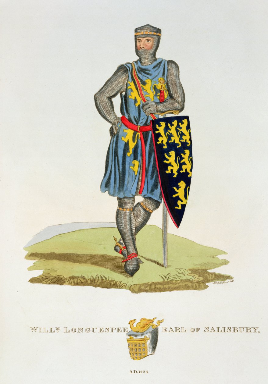 William de Longuespee, 3. jarl af Salisbury (d.1226) 1224, graveret af W. Maddocks, fra Ancient Armor af Samuel Rush Meyrick, 1824 af English School
