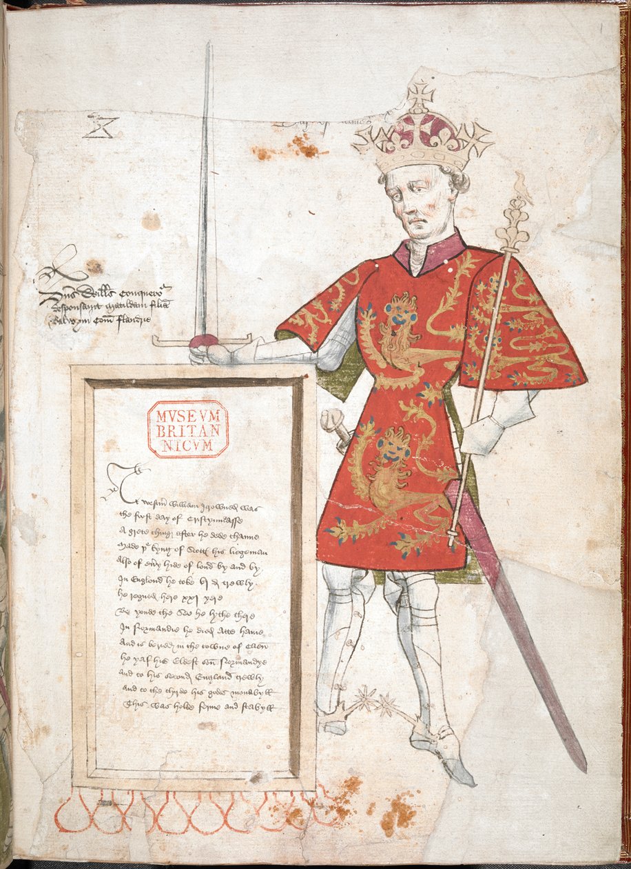 Vilhelm Erobreren, En engelsk konge i rustning og tabberd, præsenterer en plakette med vers (vellum) af English School