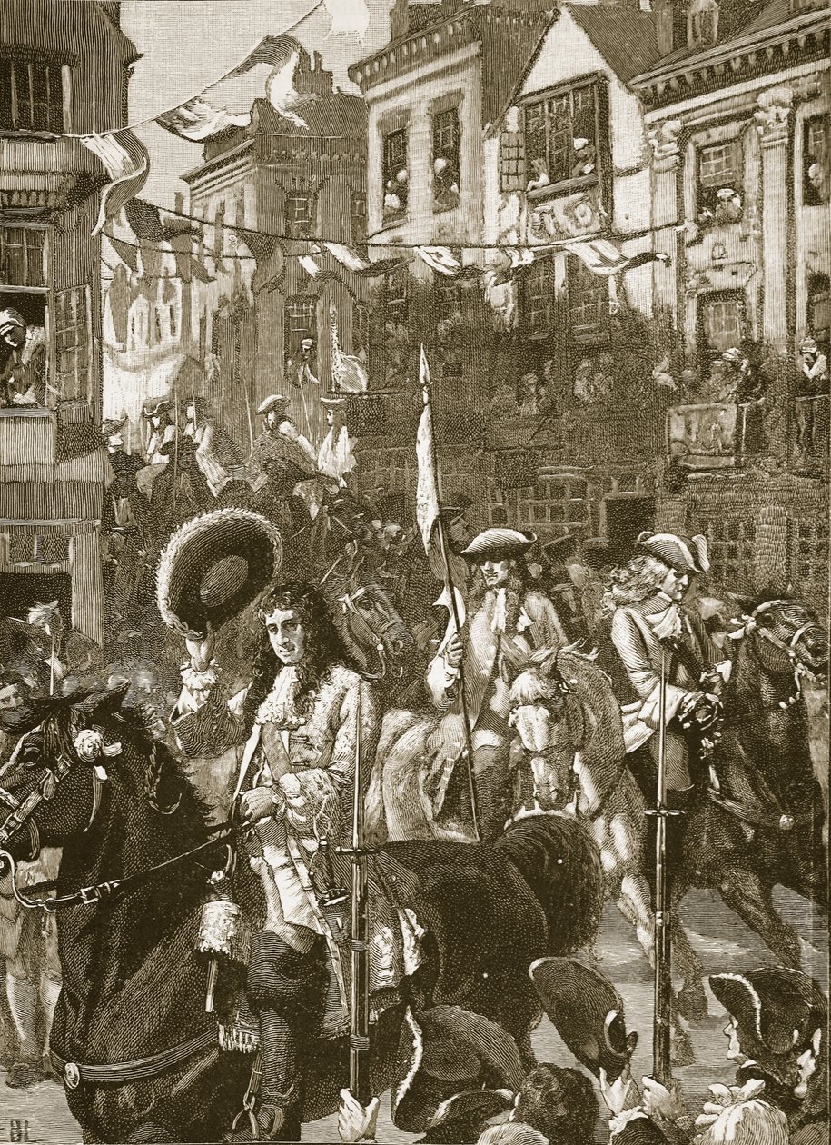 Williams triumferende procession til Whitehall, illustration fra Cassells Illustrated History of England (sepiafoto) af English School