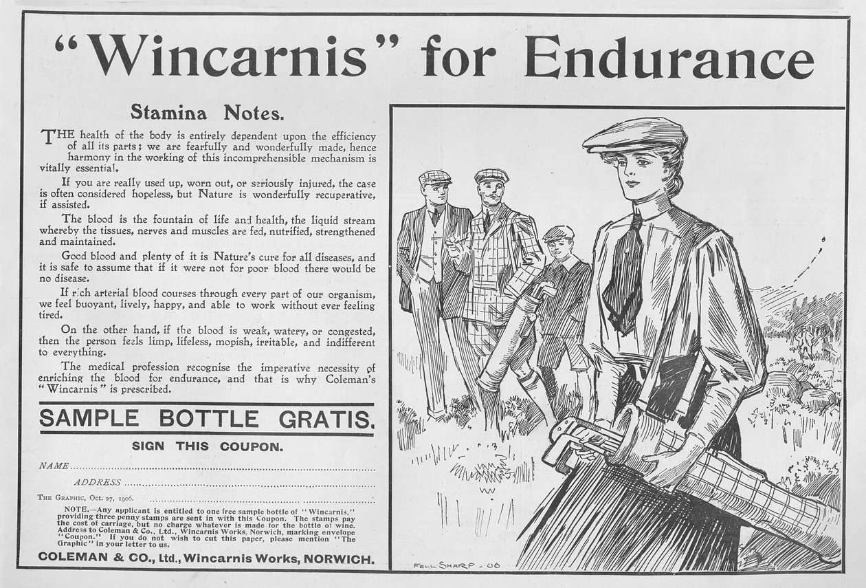Wincarnis for Endurance, annonce fra The Graphic, 27. oktober 1906 af English School