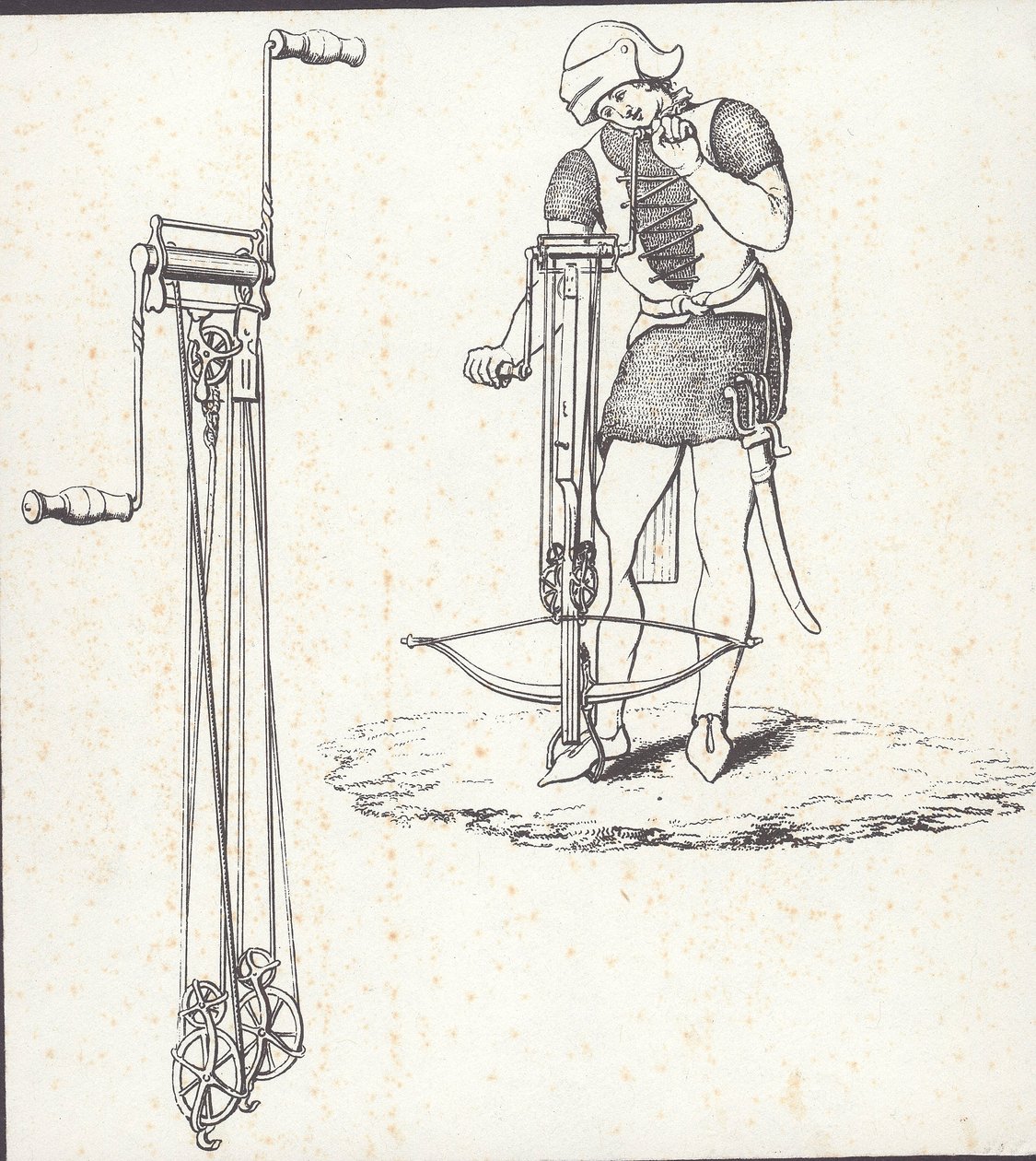 Ankerspilsmekanisme til spænding af armbrøst, illustration fra 