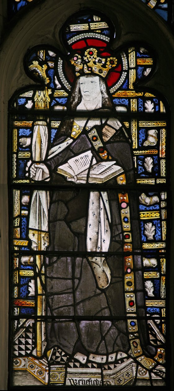 Window Ew skildrer scene fra St Winifreds liv - med juveler af indlagt glas af English School