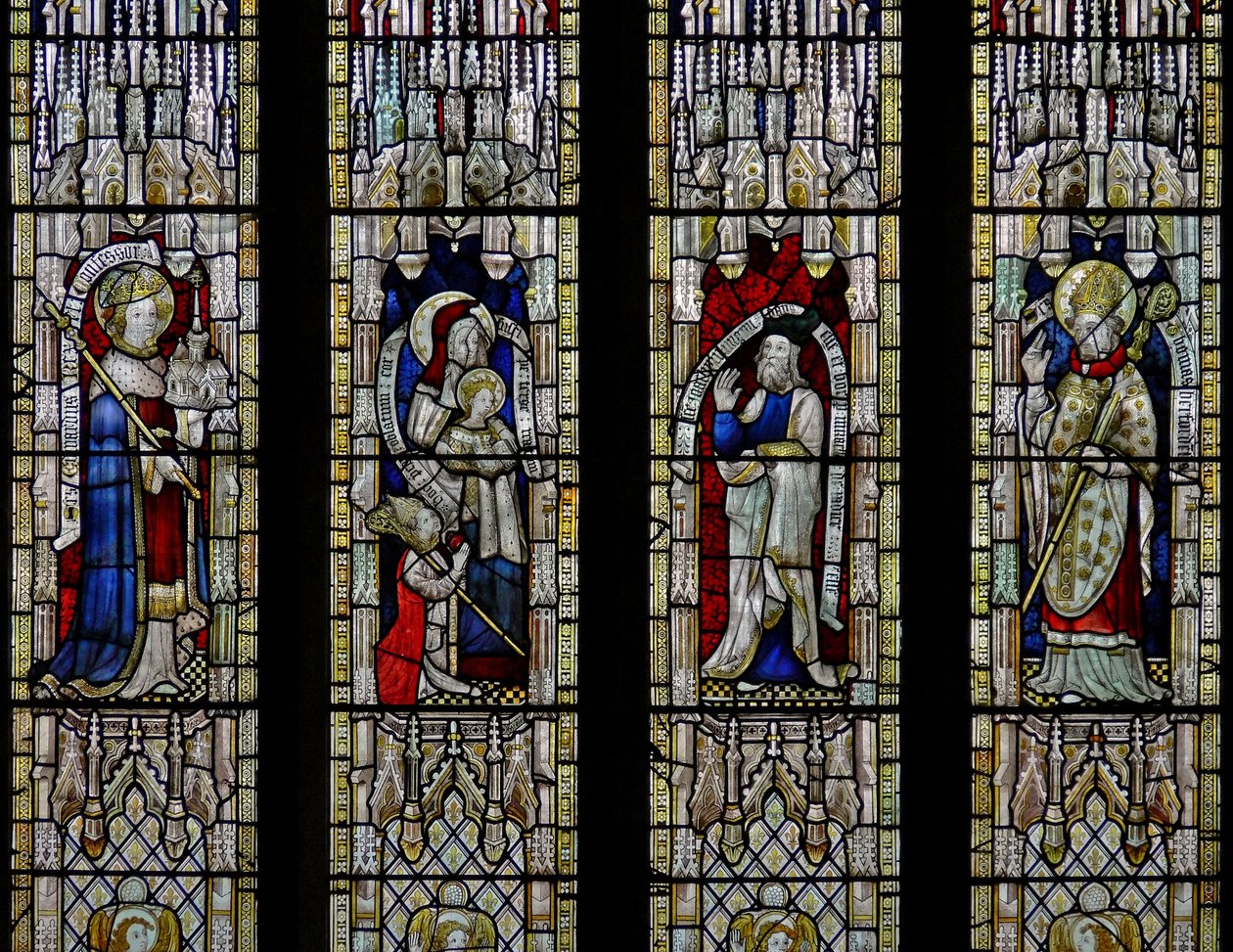 Window Ew forestillende St. Ethelbert, St. Anne og Jomfruen, Joachim, St. Thomas af Hereford af English School