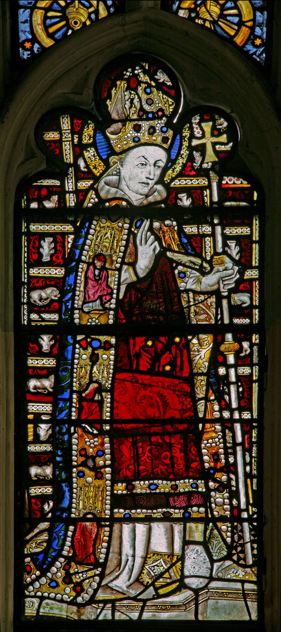 Window Ew forestillende St Thomas Becket med juveler af indlagt glas af English School