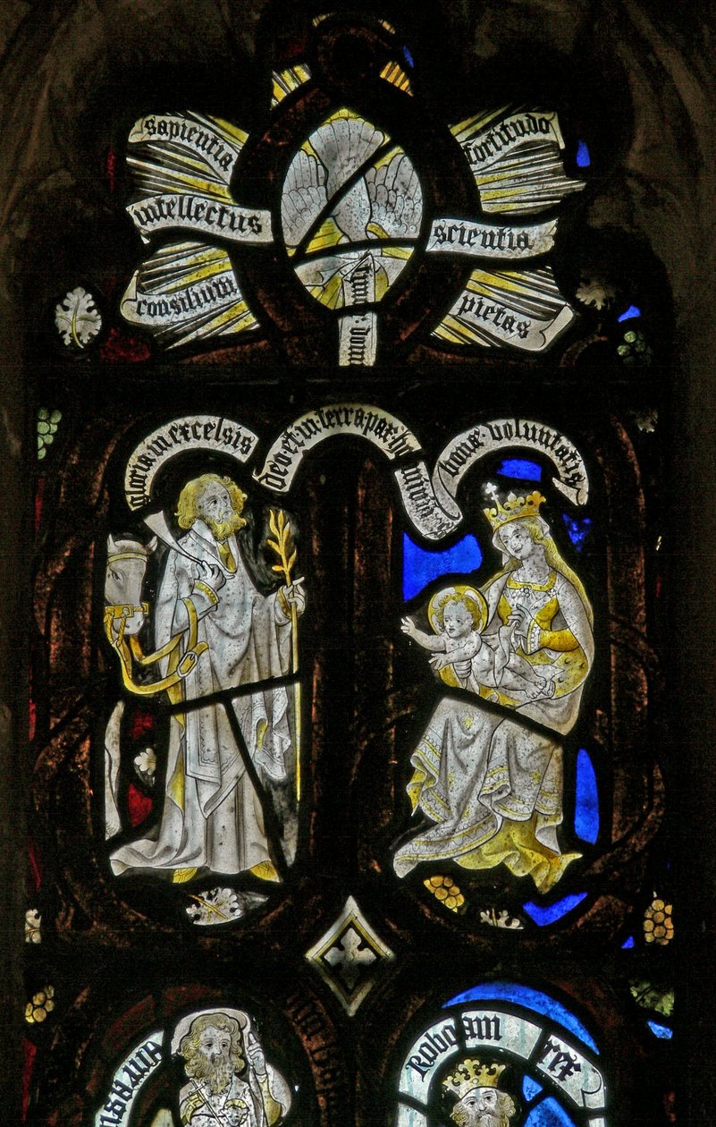 Window Ew, der viser figurer fra Isajs træ: Åndens nedadgående gaver til fødselen med Jomfru Maria og Josef med hesteæsel af English School