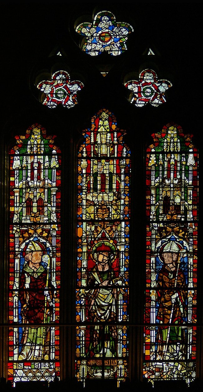 Vindue S3, der viser St. Brice, St. Ambrose og St. Wulstan(?) af English School