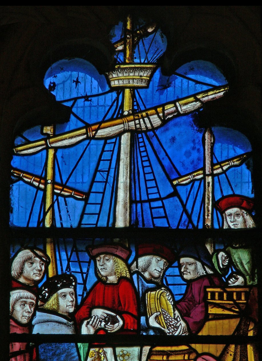 Window SaEw, der viser en scene fra en legende om St. Nicholas: kornskibene losser ved Myra af English School