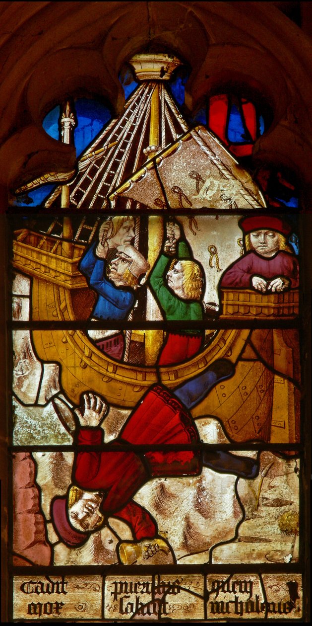 Window SaEw, der skildrer en scene fra en legende om St. Nicholas: drengens mirakel og koppen: drengen, der er betroet en Golden Cup, falder i havet på vej til Bari. af English School
