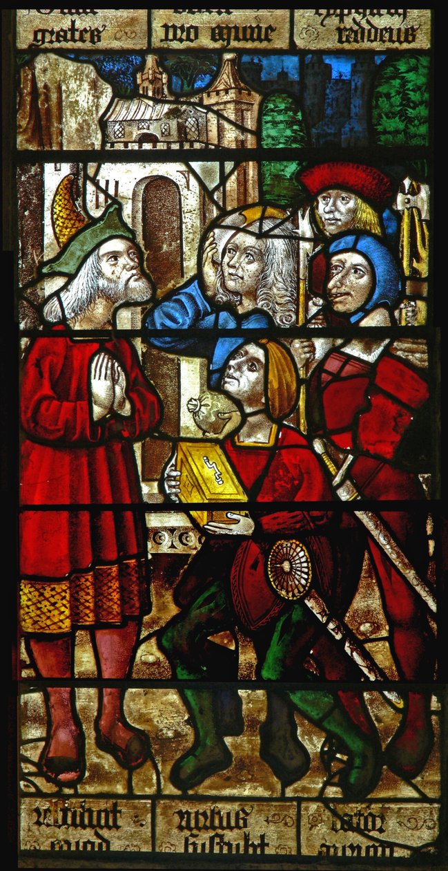 Window SaEw skildrer en scene fra en legende om St. Nicholas: tyve returnerer den skat, de stjal, til den rige mand af English School