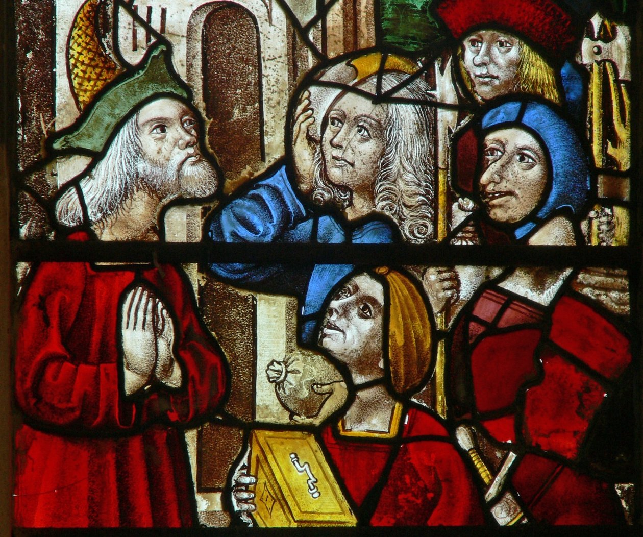 Window SaEw skildrer en scene fra en legende om St. Nicholas: tyve returnerer den skat, de stjal, til den rige mand af English School