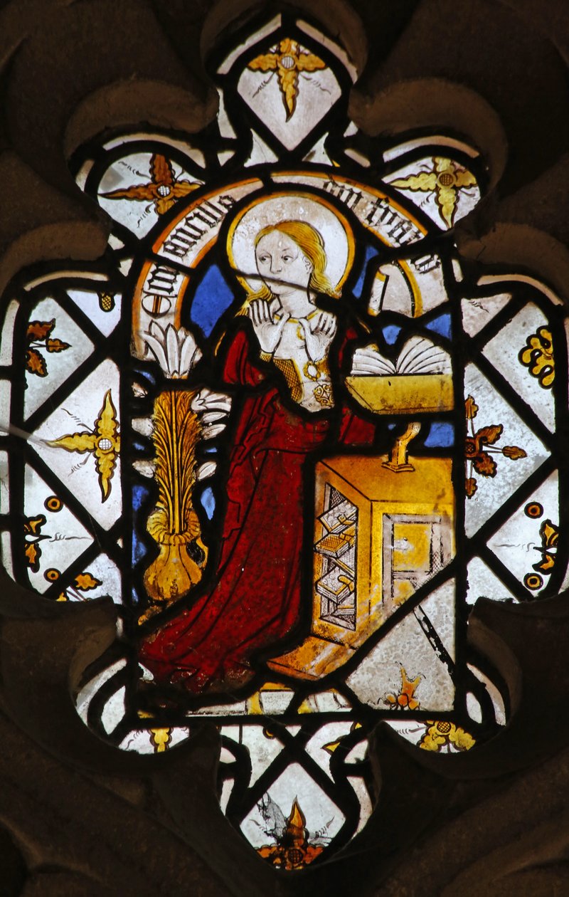 Window St Nectan Chapel Ew, der forestiller Jomfru Maria ved bebudelsen af English School