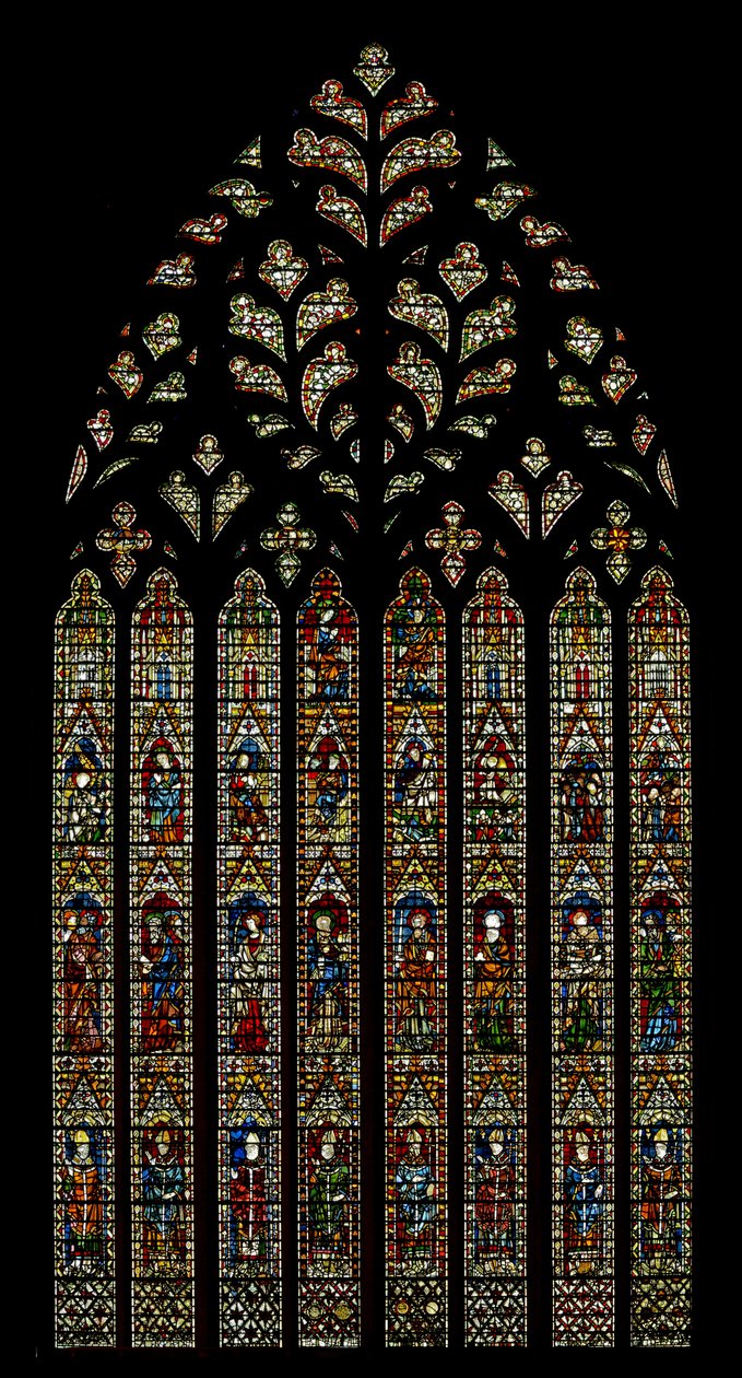 Window Ww, der viser ærkebiskopper, apostle, bebudelsen, fødsel, opstandelse, himmelfart, jomfrukroning af English School