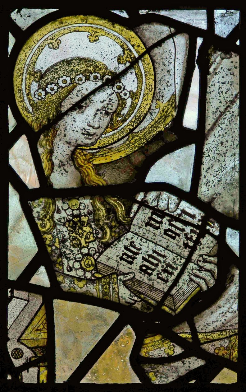 Vindue, der viser Sankt Anne, der lærer jomfruen at læse - detalje af jomfru Maria (farvet glas) af English School