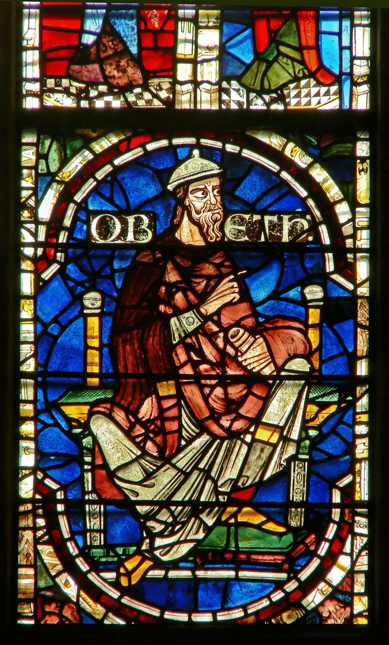 Vindue, der forestiller en genealogisk figur: Obed af English School