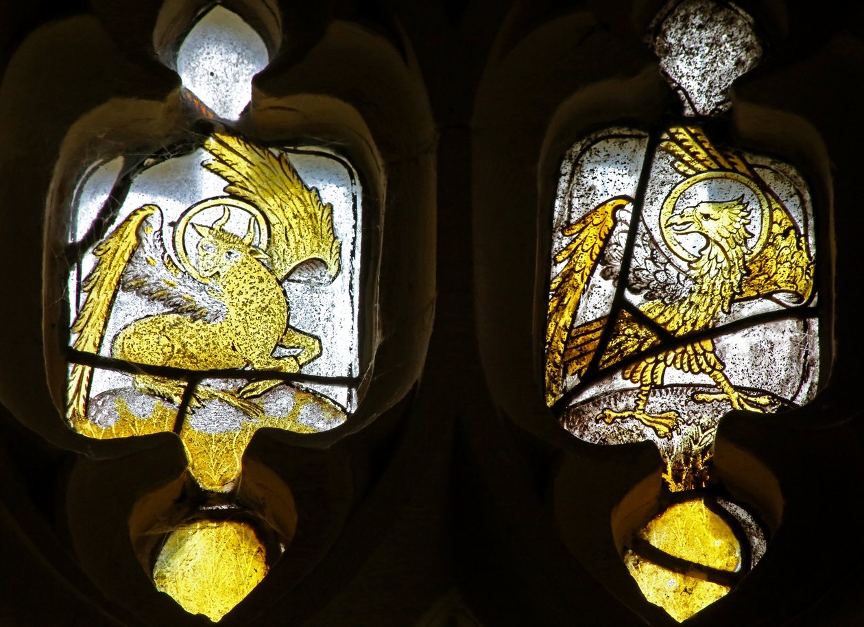 Vindue n2, der viser evangelistsymboler - St. Lukes-tyren og St. Johns-ørnen af English School