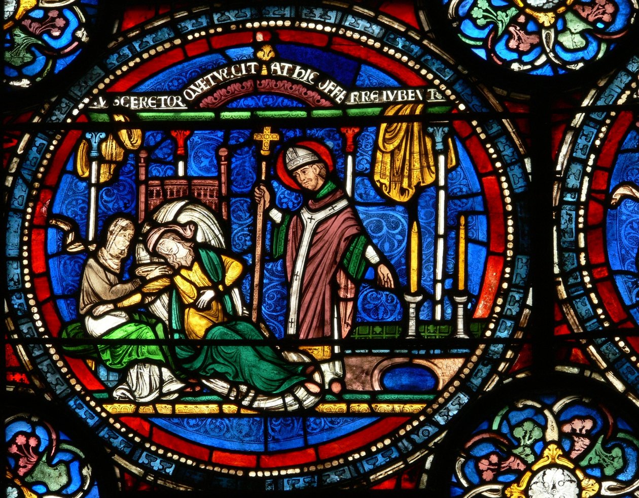 Vindue n4, der viser en scene fra et St Thomas Becket Miracle-vindue: Julia Puintel fik besked på at gå til graven af English School