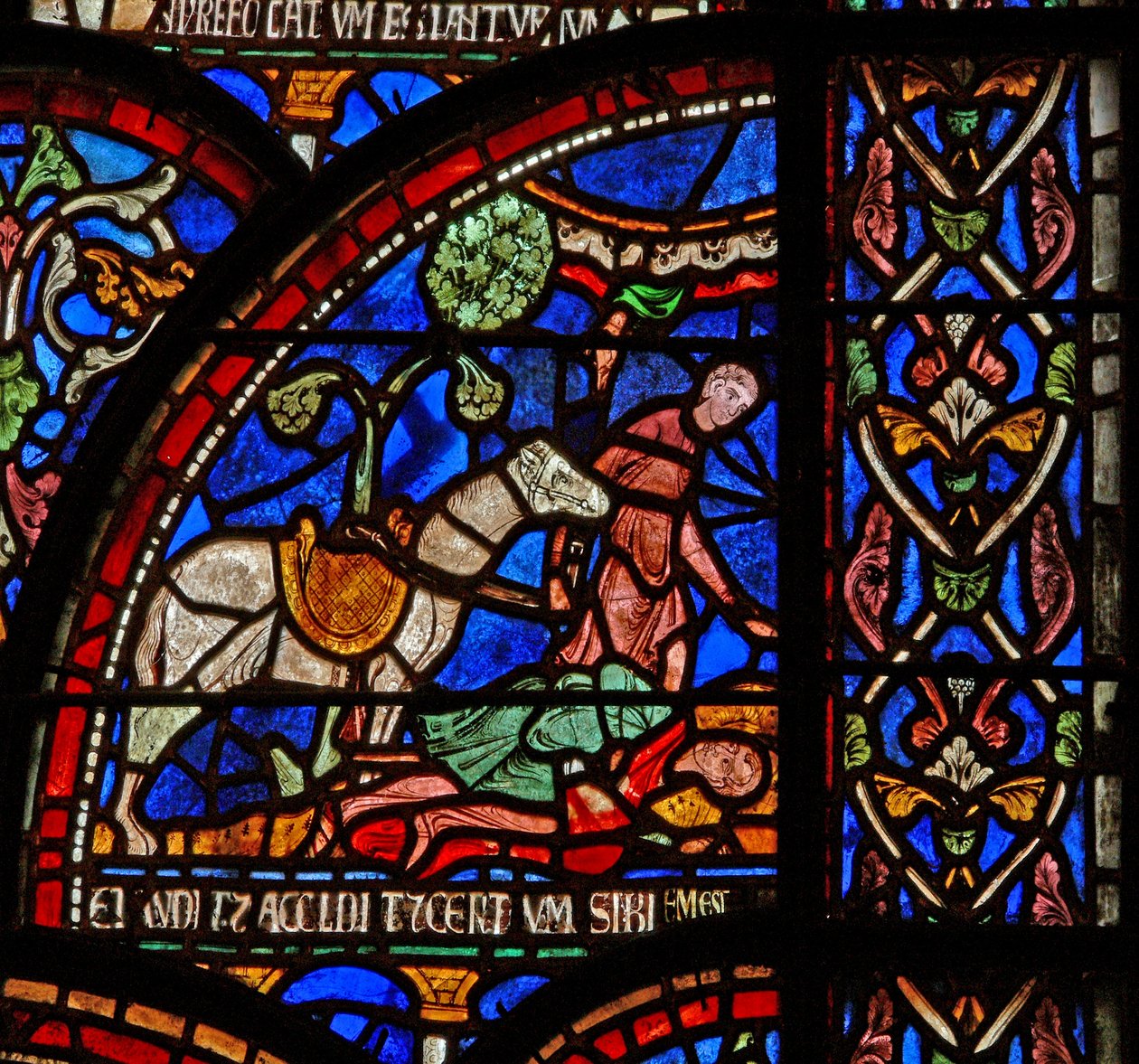 Windows 7, der viser en scene fra et St Thomas Becket Miracle-vindue: William af Gloucester er begravet, men hans stemme bliver hørt af English School