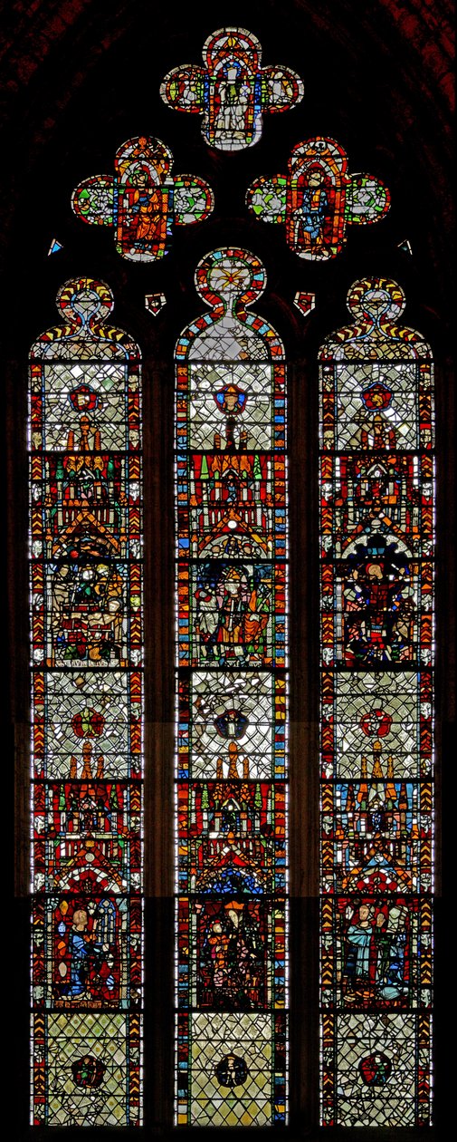 Vindue w39, der forestiller St Laurence, St Denys og St Eleutherius martyrdomme af English School